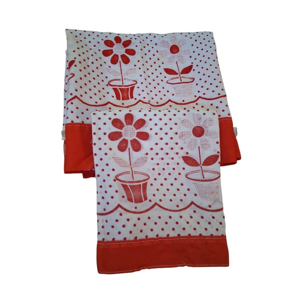 Vtg Cafe Curtains & Kitchen Valance Set Red White Polka Dot Flower Decor READ